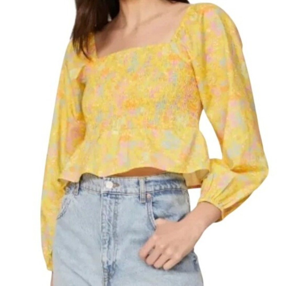 Louna Yellow Floral Smocked Crop Top Long Sleeve Puff Shoulder Peplum Medium